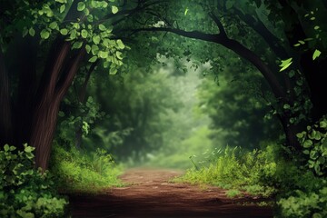 Fototapeta premium Walking Path Through Lush Green Forest Tunnel with Sunlight at End