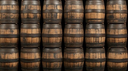 A tightly arranged display of wooden barrels emphasizes craftsmanship and tradition, suggesting quality storage and aging for beverages like wine or spirits.