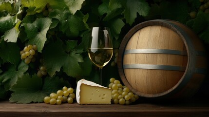 A rich display of cheese and wine next to fresh grapes and barrels captures the essence of a vineyard, promoting the indulgence of local produce and classy dining experiences.