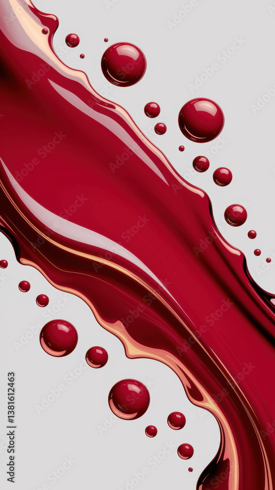 Poster fluid motion of deep red wine splash with glossy bubbles on soft grey background