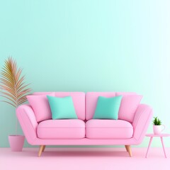 Fototapeta premium Modern pastel living room with pink sofa and tropical plant decor