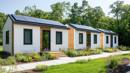 Modern eco-friendly homes with solar panels surrounded by lush greenery and colorful flowers, showcasing sustainable living.