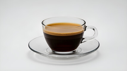 Fototapeta premium Clear glass cup, espresso coffee, creamy foam layer, transparent saucer, white background, close-up shot, high contrast, studio lighting
