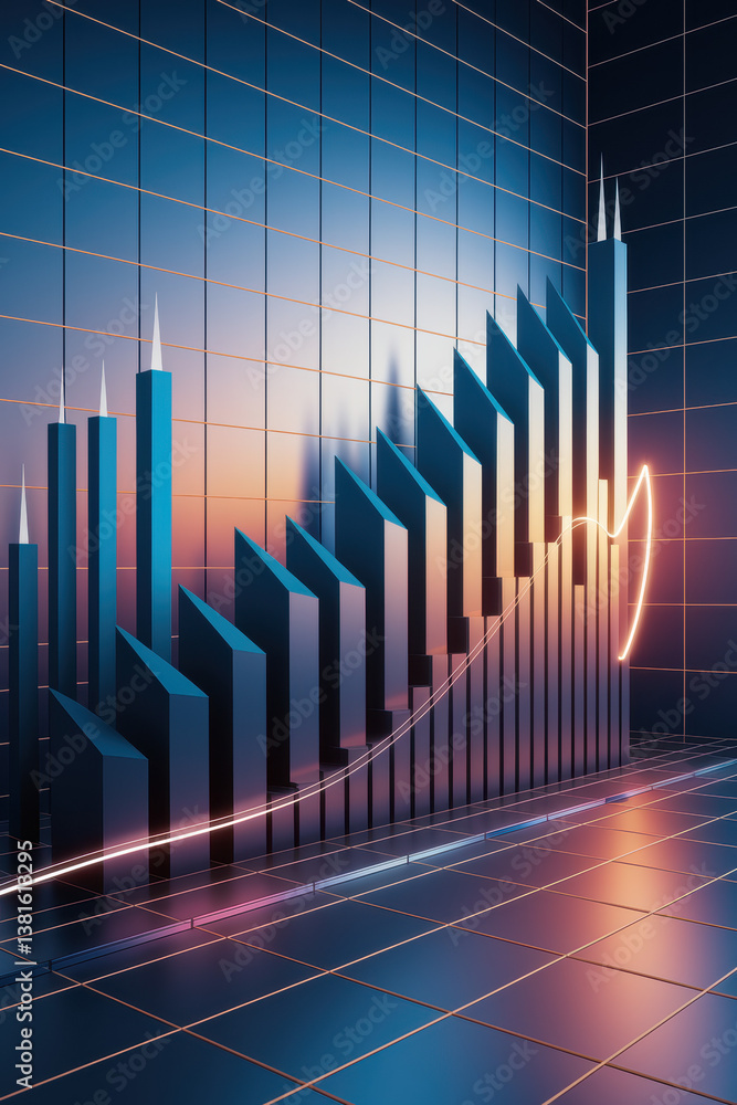 Poster futuristic data visualization with rising graphs and neon glow in a high-tech environment
