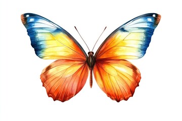 Watercolor Butterfly Illustration with Orange Yellow and Blue Wings Isolated