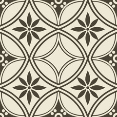 Decorative geometric tile pattern featuring floral motifs in neutral tones and contrasting colors for interior design inspiration