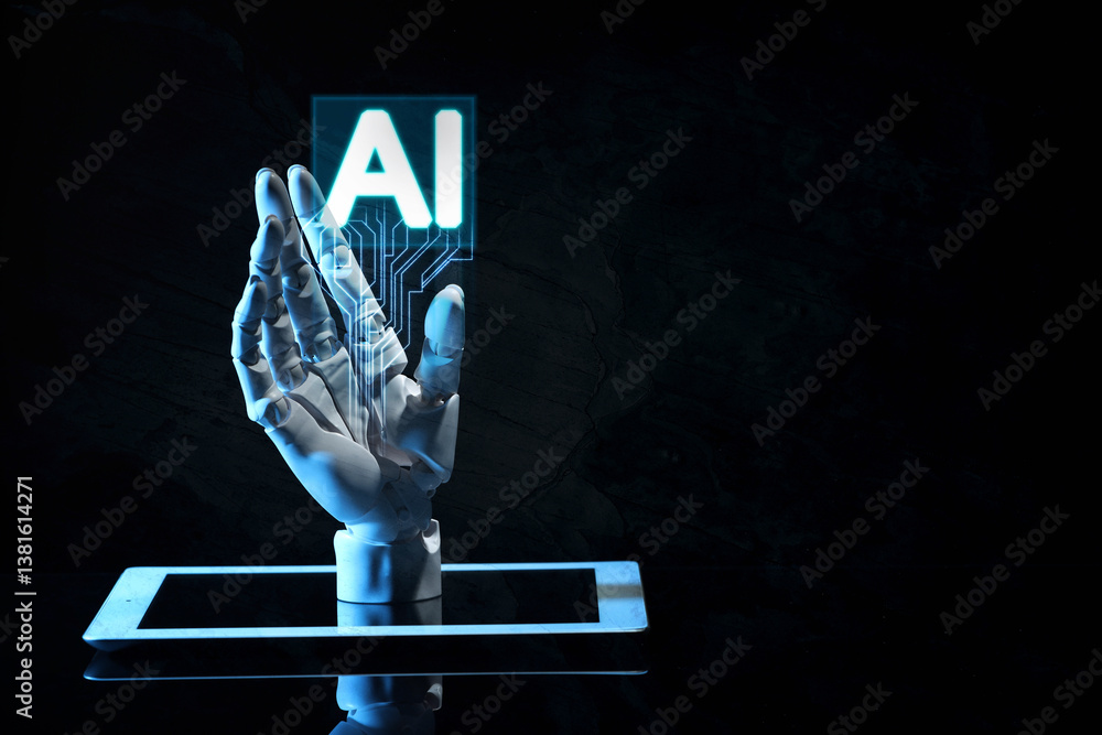 Poster artificial intelligence. robot hand with ai chip and tablet on black background, space for text