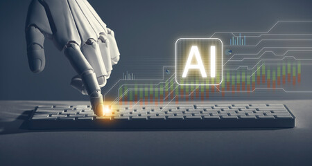 Artificial intelligence. Robot hand pressing button on computer keyboard. Virtual abbreviation AI...