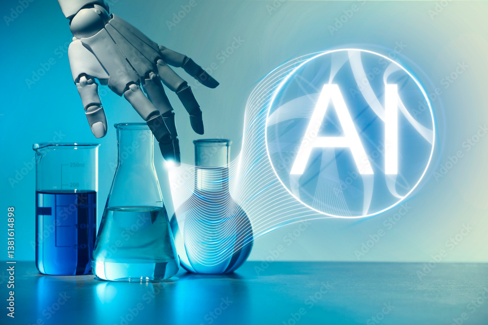 Poster artificial intelligence. robot hand and laboratory glassware on color background