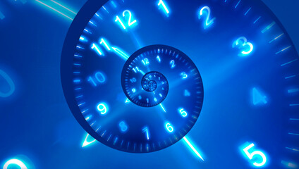 Clock face twisted in spiral on blue background. Time concept