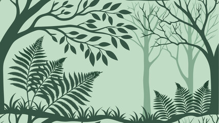 Nature-inspired illustration featuring trees, ferns, and lush foliage suitable for various design projects
