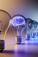 Innovative Concept of Bright Ideas with Brain Illuminated Inside Light Bulb in Cool Blue and Warm Tones