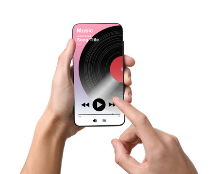 Man using mobile phone to listen to music on white background, closeup. Open music player app on device screen