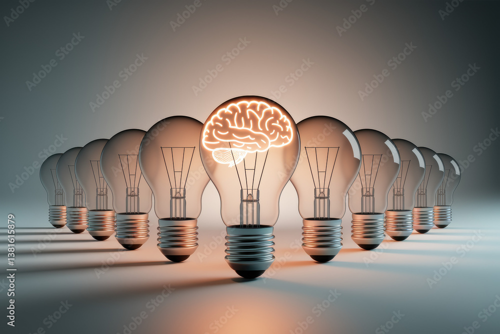 Poster illuminating ideas: creative concept of light bulbs with brain highlight in soft gradient tones