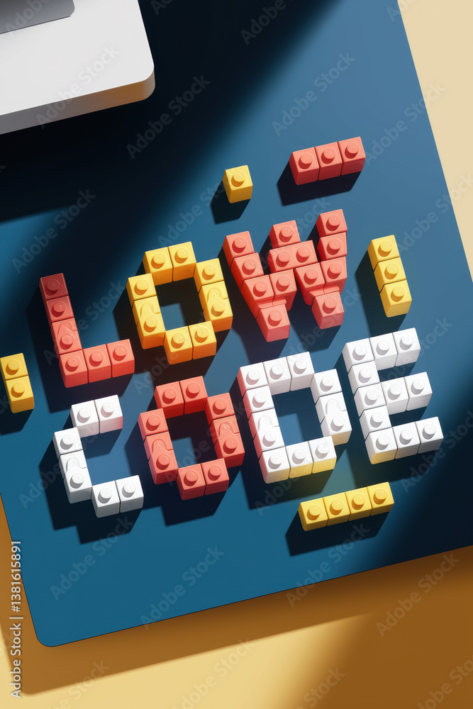 Aufkleber creative low code concept made with colorful building blocks on modern desk in bright tones