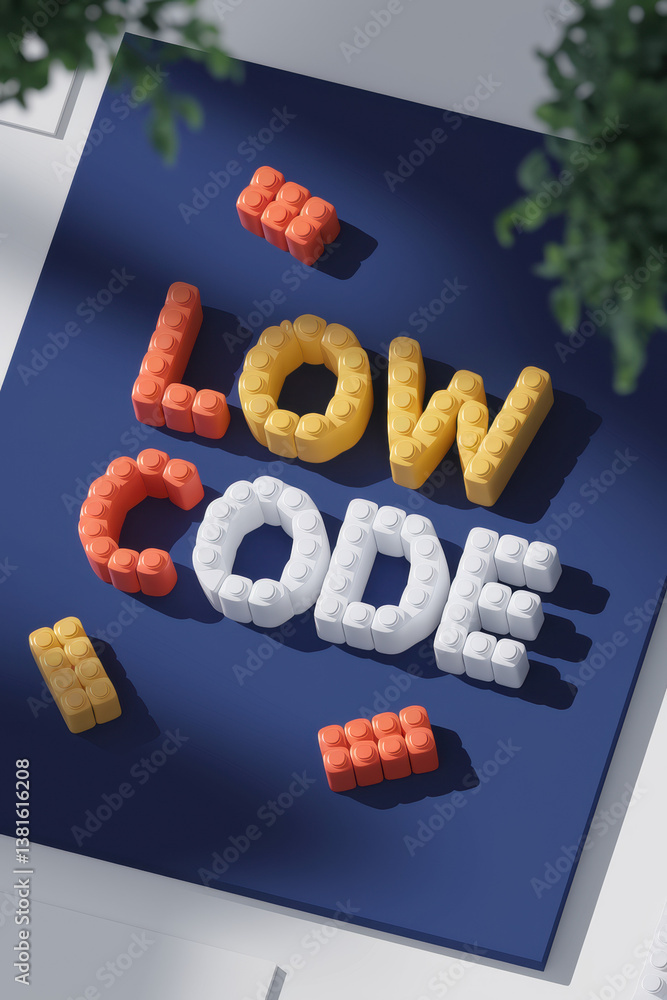 Poster creative concept of low-code development with colorful building blocks on navy blue surface