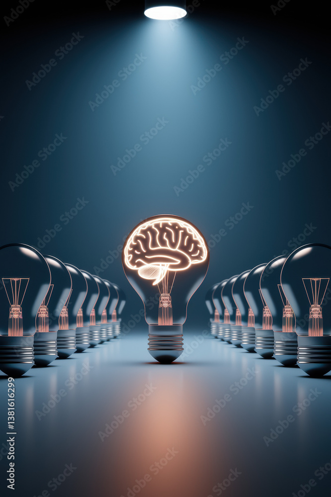 Aufkleber illuminated brain in a row of light bulbs symbolizing innovative thinking and creativity in a modern