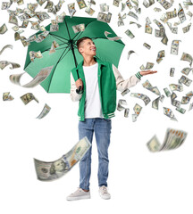 Young man with green umbrella under falling dollar banknotes on white background. Money rain
