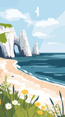 Etretat Cliffs Normandy Summer Beach Scenic Ocean View Vector Poster
