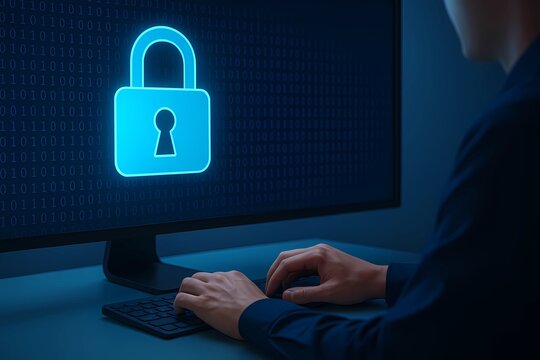 Person working at a modern computer, lockpad and binary codes visible, representing digital safety and cybersecurity
