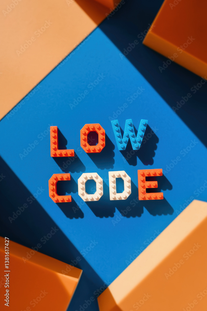 Poster creative low code concept made from colorful building blocks on bold blue background
