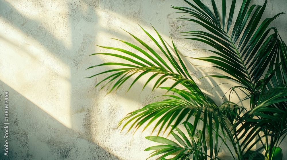 Poster sunlight filters through palm leaves, projecting delicate shadows onto a textured wall. this calming