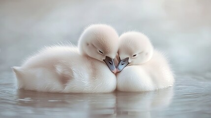 Minimal pastel portrait of two baby swans hugging each other,