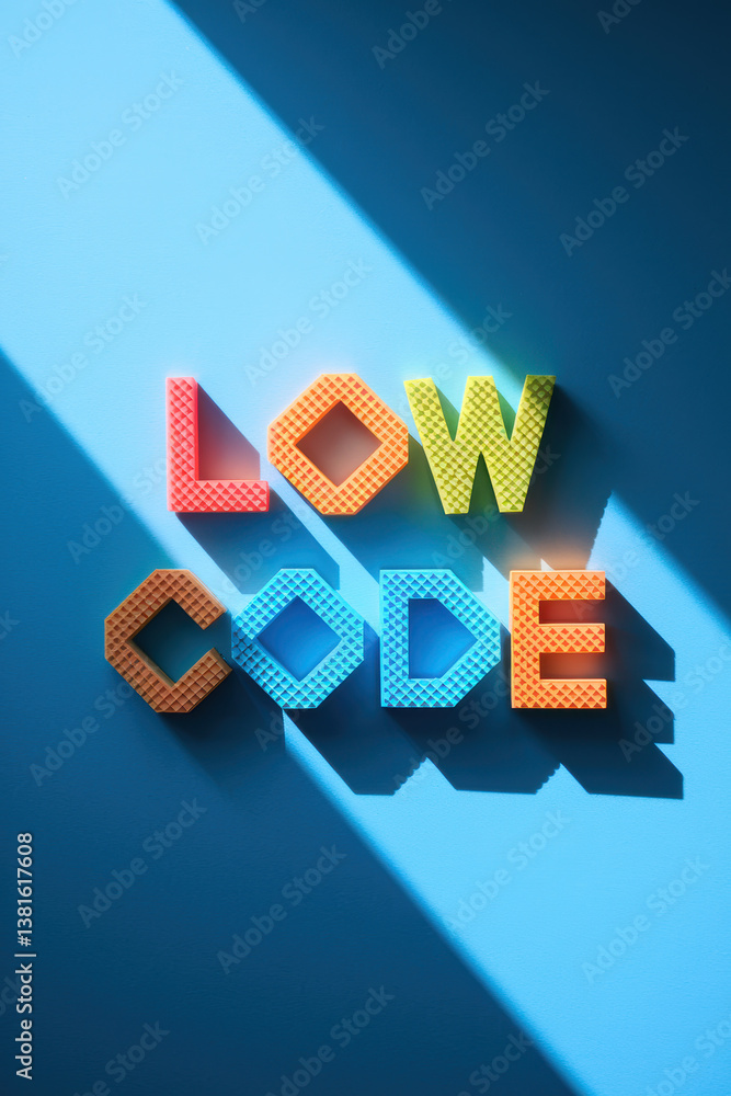 Poster bright and playful low code concept with colorful 3d letters in dramatic light