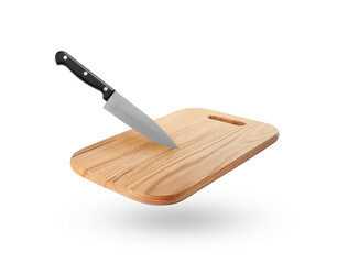 Wooden cutting board and knife in air on white background