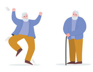 Old man unhealthy and active. Elderly man with a cane in his hand, with a gray beard. Positive pensioner enjoys life. Vector flat graphics.