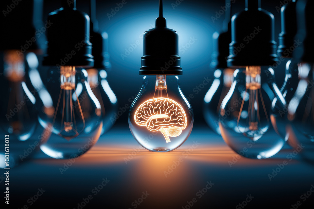 Poster illuminated brain in light bulb surrounded by dim bulbs representing innovative ideas and creativity