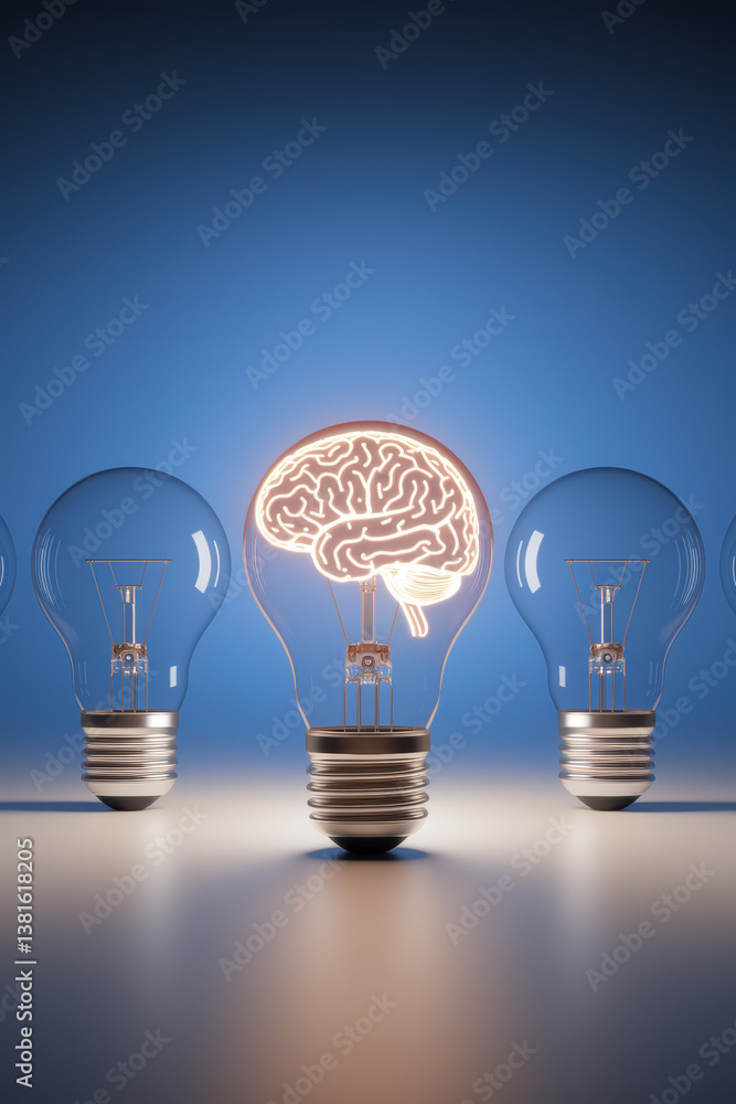 Poster illuminated brain inside light bulb representing creativity and innovation against a calm gradient b