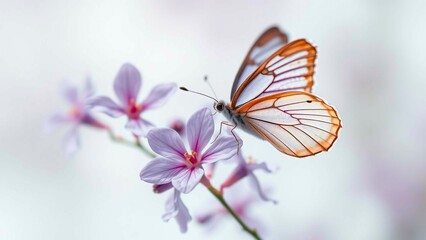 Obraz premium Butterfly gracefully rests on delicate, light purple flowers, creating a beautiful and serene scene against a bright, blurred background.