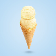 Yummy ice cream served in waffle cone in air on pastel blue background