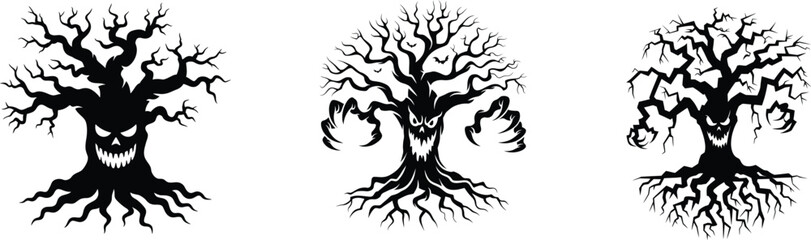Spooky silhouette of Halloween Tree| Scary Evil Tree Silhouette with Bats| Halloween Spooky Vector