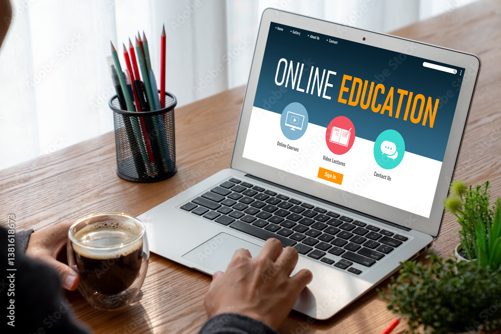 Poster e-learning website with modish sofware for student to study online on the internet network