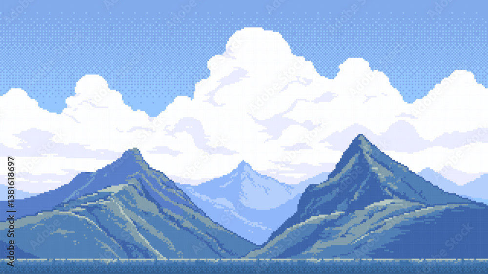 Poster 8-bit pixel art retro game level background. 2D platformer video game. side view of a fantasy world. high mountain landscape. simple 2D vector graphics.