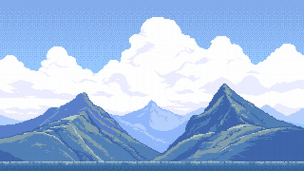 8-bit pixel art retro game level background. 2D platformer video game. side view of a fantasy world. high mountain landscape. simple 2D vector graphics. © hiten666