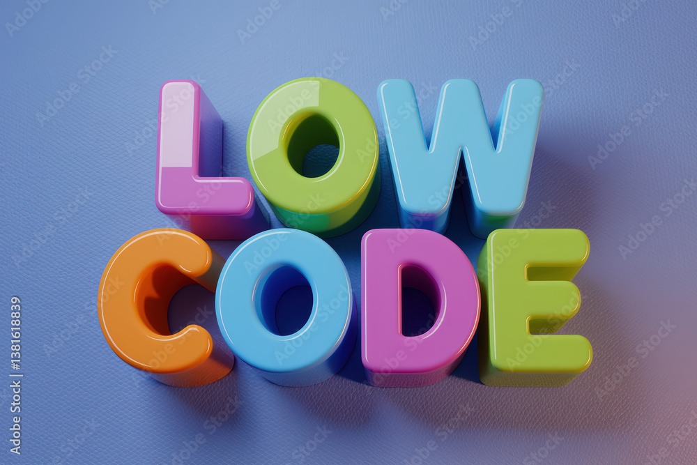 Aufkleber colorful low-code development words in playful 3d design on soft blue background
