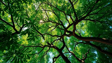 Fototapeta premium Sunlight filters through a lush canopy of leaves, creating a vibrant, green atmosphere. The view is looking up into the trees.