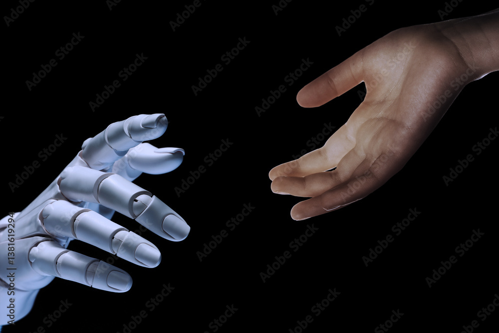 Poster artificial intelligence. woman and robot reaching for each other with their hands on black backgroun