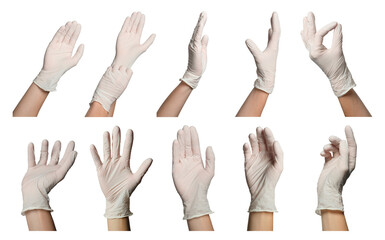 People wearing medical glove isolated on white, set