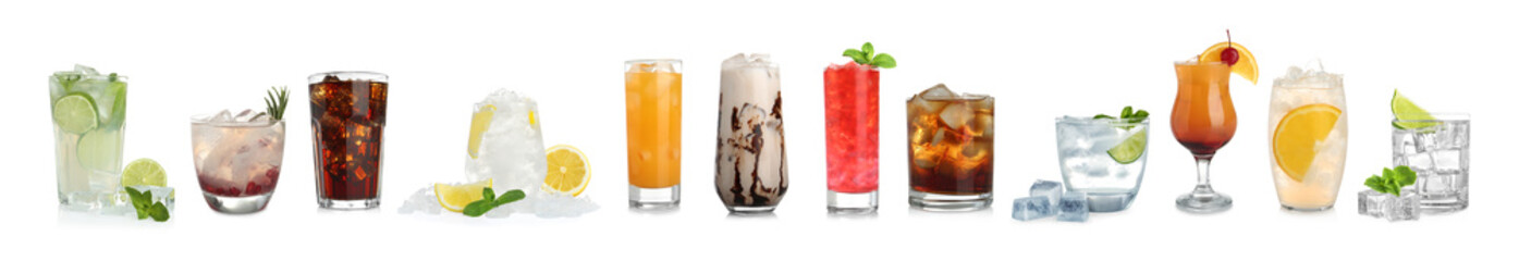 Different refreshing drinks with ice isolated on white, set