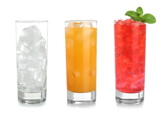Glasses with ice cubes and refreshing drinks isolated on white, set