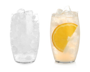 Glasses with ice cubes and refreshing drink isolated on white