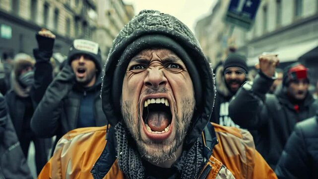 A furious protester amidst chaotic streets, shouting slogans with clenched fists, illustrating righteous anger and defiance in a political rally