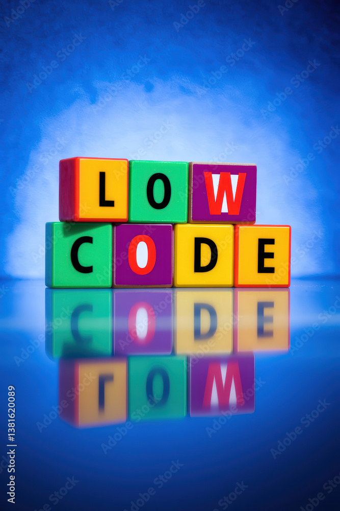 Aufkleber vibrant low code concept blocks with reflection on blue background for modern technology solutions