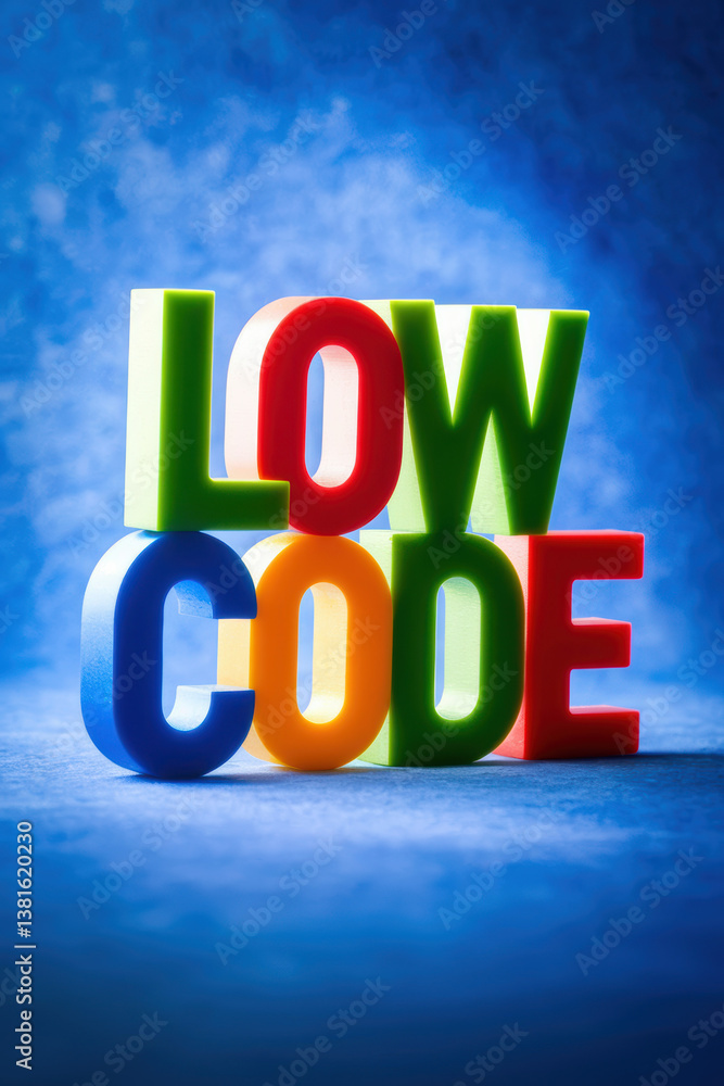 Poster colorful low-code concept with modular letters against a soft blue background