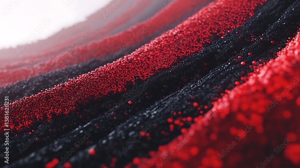 Poster red and black particles undulating in abstract and curved formation
