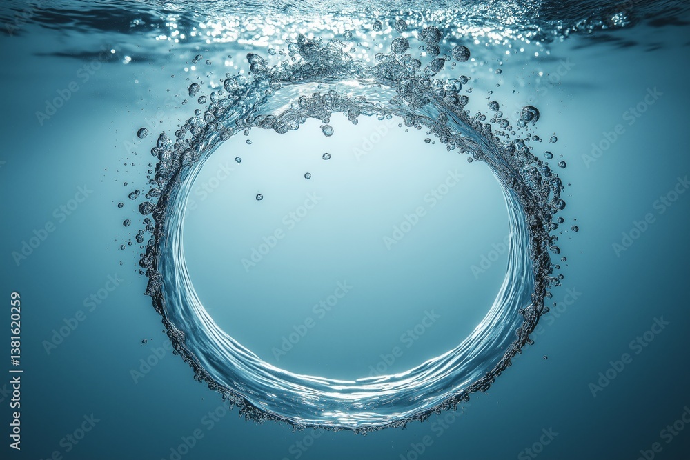 Poster perfect bubble ring rising through clear water symbolizing calmness, purity, fluid motion and underw